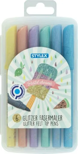 6 Glitzerfasermalstifte in pastell